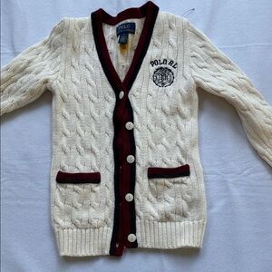 Ralph Lauren Cream Cable Knit Cardigan with Maroon Trim